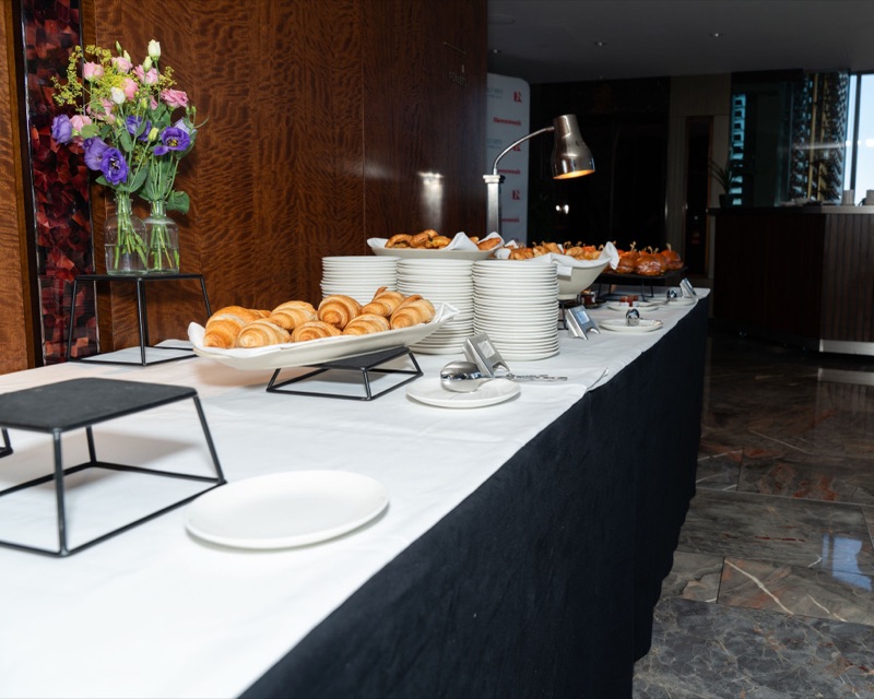 Morning arrival buffet at The Shard with croissants and pastries