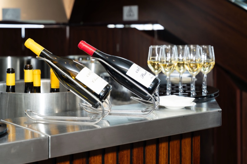 Wine selection — Chardonnay and Pinot with glasses